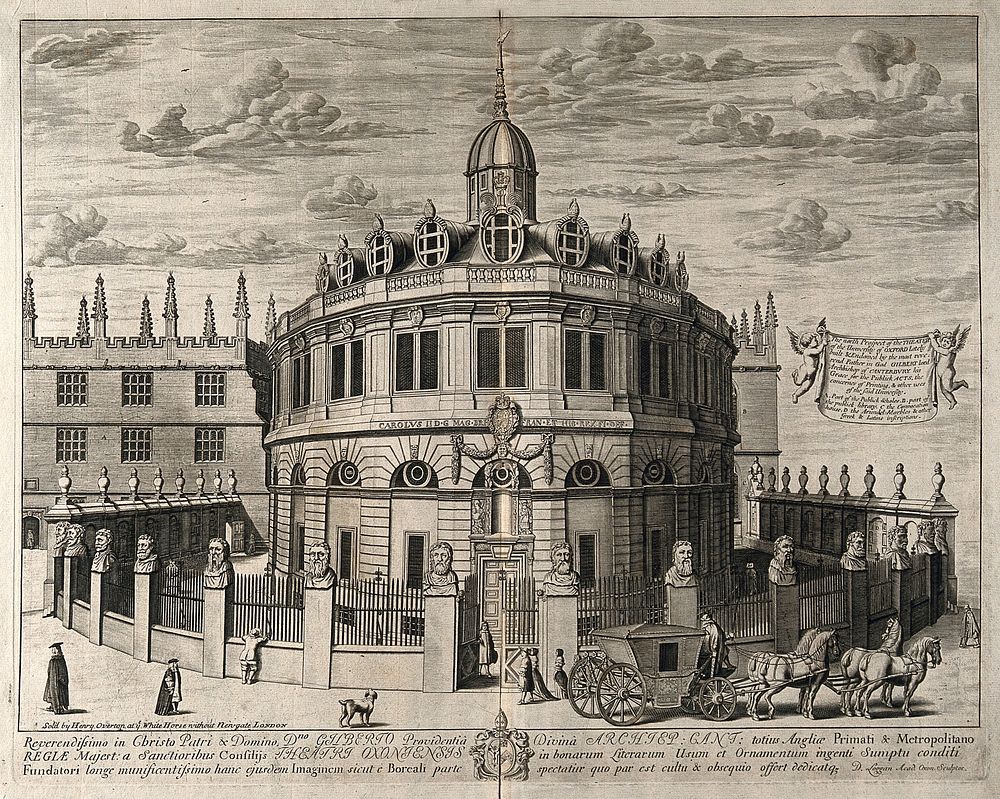 Sheldonian Theatre, Oxford: perspective view with the Bodleian Library. Line engraving by D. Loggan, after Sir C. Wren.