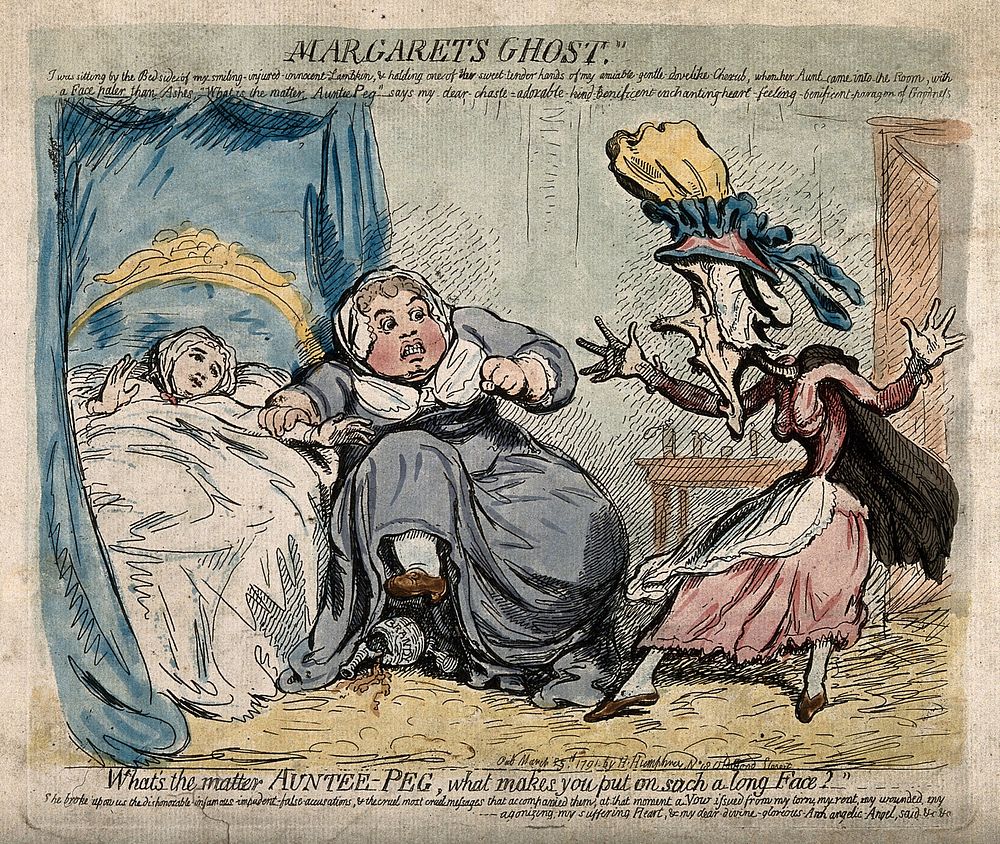 The alarmist Miss Minifie informing Miss Gunning and her mother of their banishment from the general's house. Coloured…