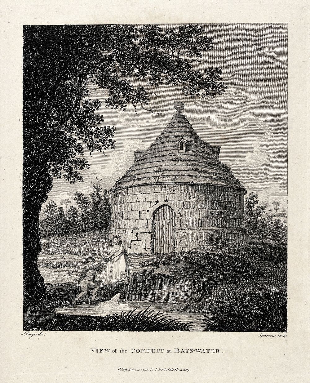 The conduit at Bayswater. Engraving by S. Sparrow, 1796, after E. Dayes.