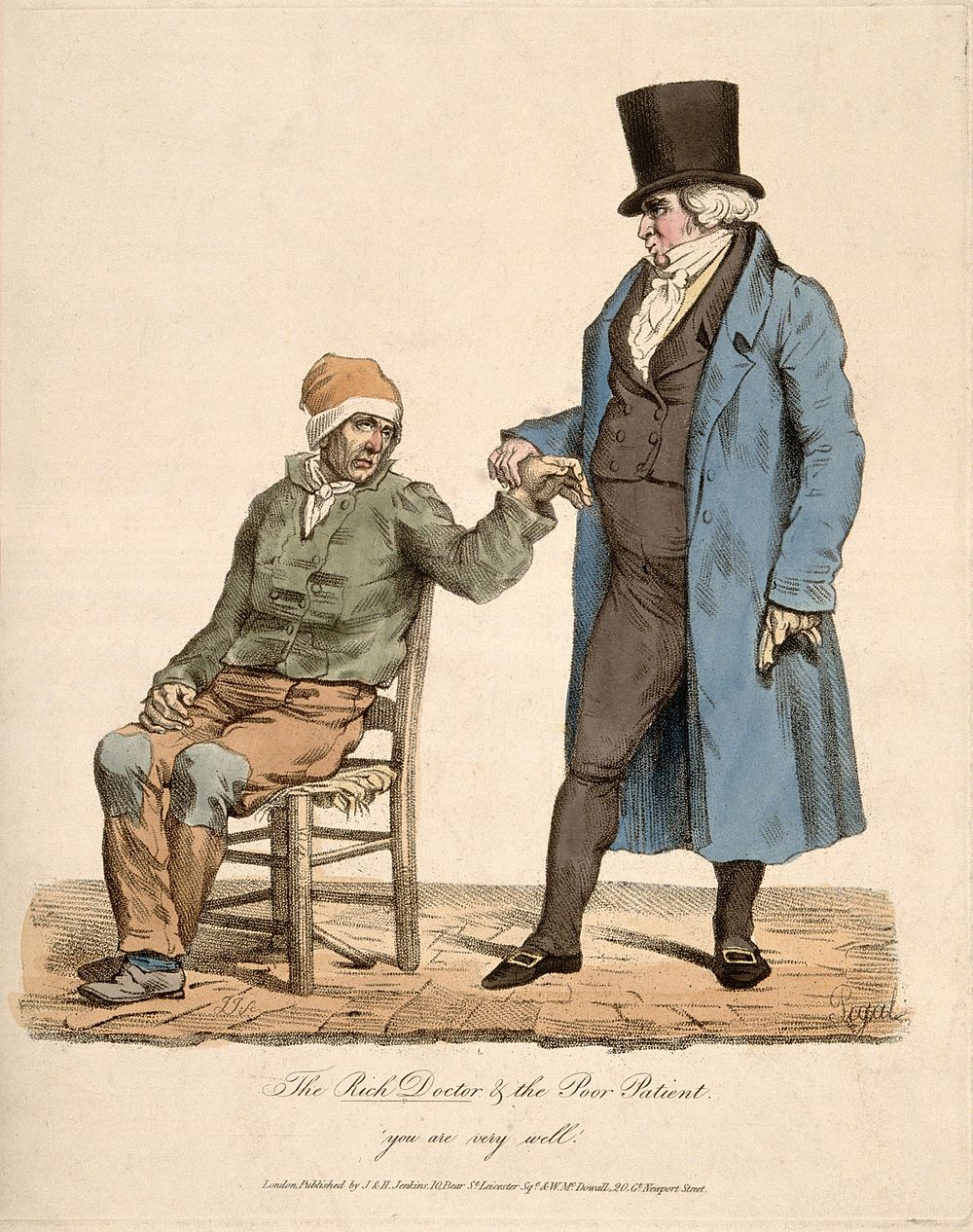 A rich physician feels the pulse of a poor, sick patient; he tells him he is fine. Coloured stipple engraving by J.J. after…