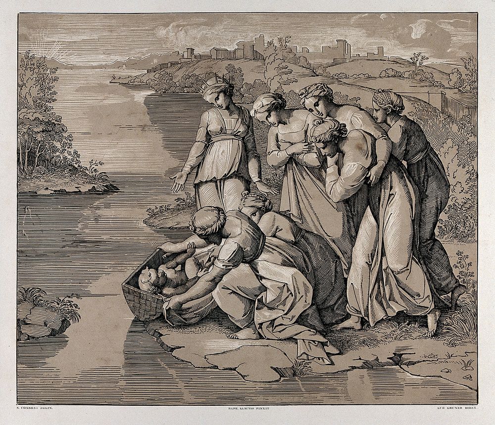 The finding of the child Moses. Colour lithograph by L. Gruner after N. Consoni after Raphael.