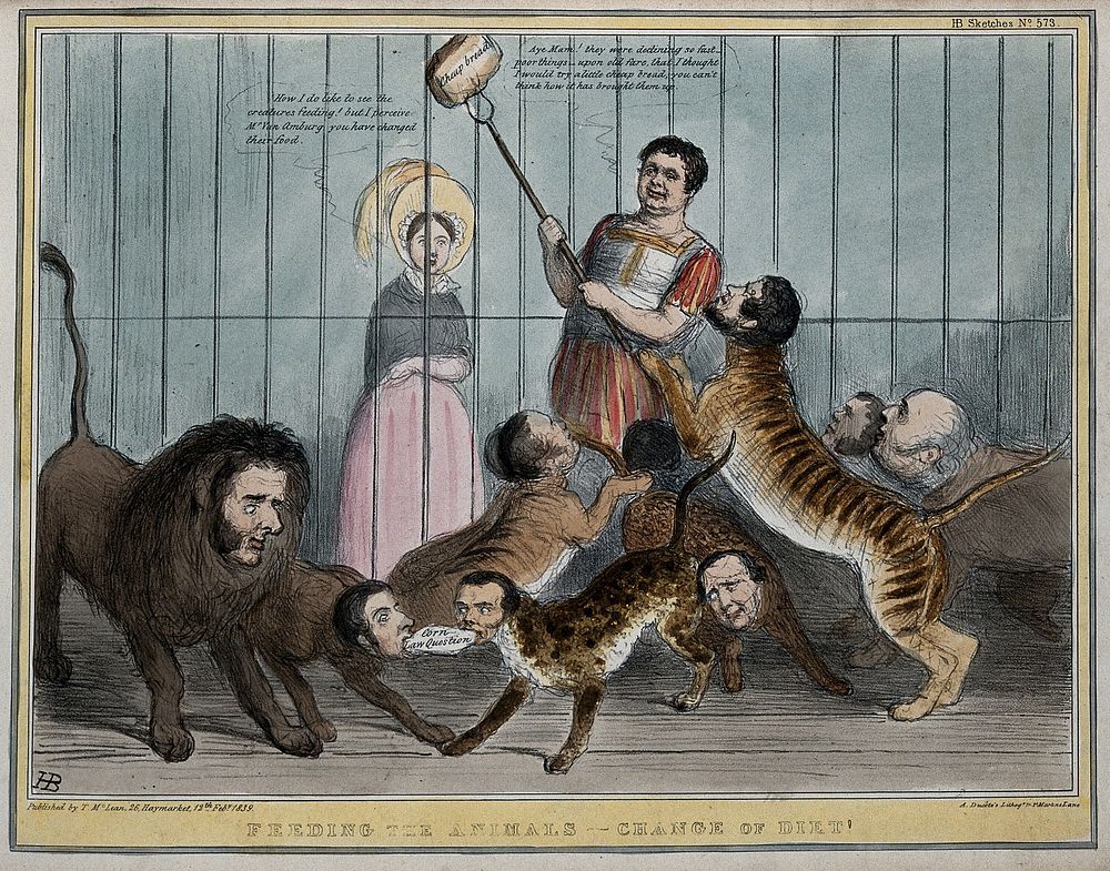 Daniel O'Connell about to feed a loaf of bread to a cage full of big cats with the heads of politicians, Queen Victoria…