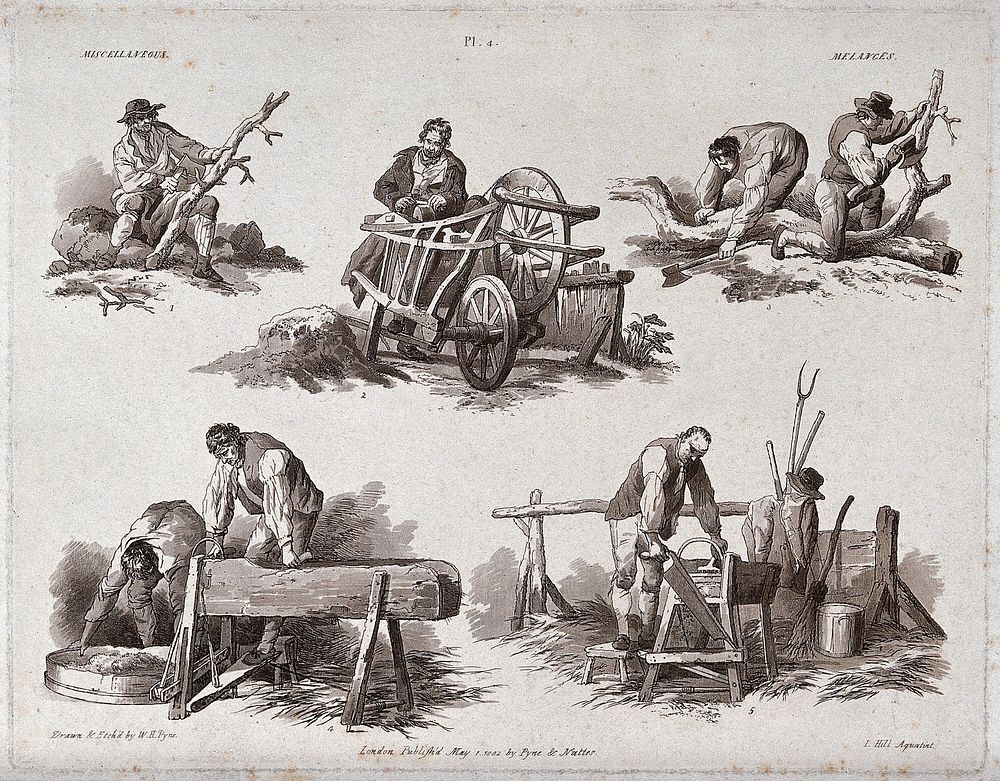 Various agricultural scenes of woodmen at work. Etching by W.H. Pyne after himself, 1802, with aquatint by J. Hill.