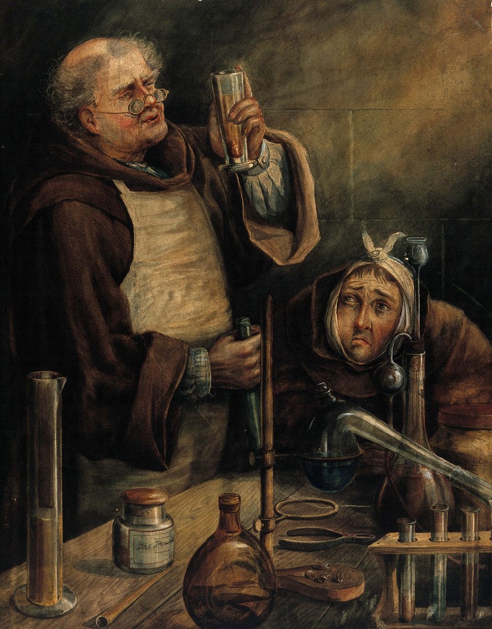 Two monks in a laboratory trying to find a remedy for one monk's toothache. Watercolour by J. Gregory, 1896.