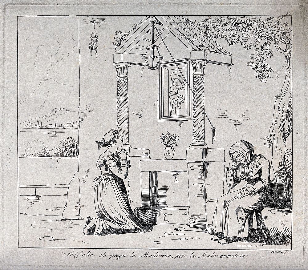 Saint Mary (the Blessed Virgin): a daughter praying to the Virgin for her sick mother. Etching by B. Pinelli.