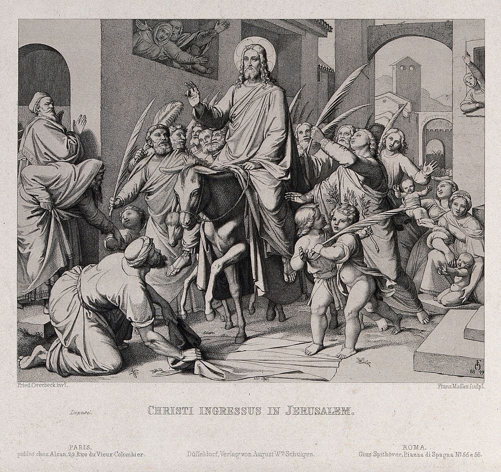 Christ enters Jerusalem on an ass. Etching by F.P. Massau after J.F. Overbeck, 1849.