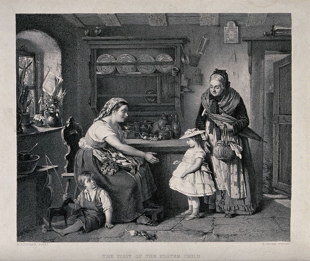 A girl is brought by an old woman to visit her former foster-mother and wet nurse in a cottage. Engraved by E. Mohn after M.…
