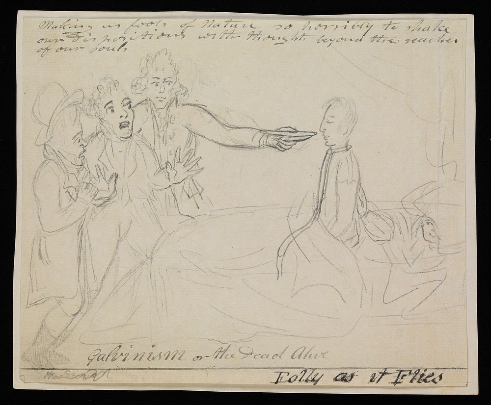 The apparent revival of a dead man by galvanism. Drawing attributed to G.M. Woodward.