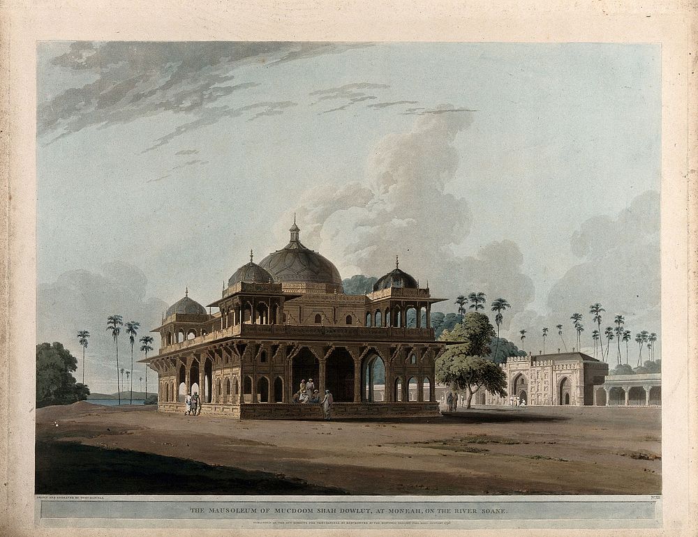 Mausoleum of Makhdam Shah Daulut at Maner, Bihar. Coloured aquatint by Thomas Daniell, 1796.
