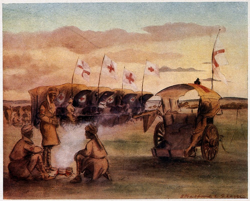 A camp scene at dusk with ambulance carriages and three men round a small fire. Colour halftone, c. 1903.