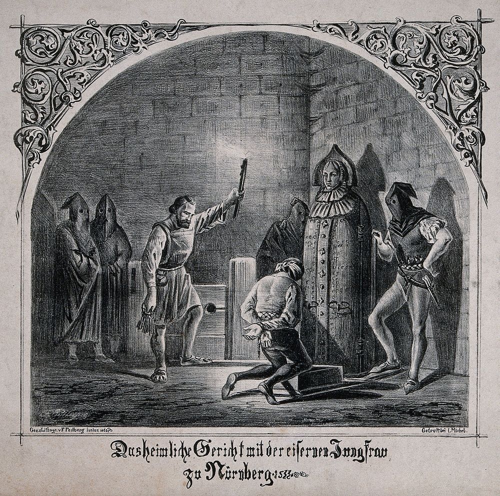 A man is forced to kneel before an "iron maiden" in a dungeon in Nuremberg. Lithograph by F. Perlberg, 1863.
