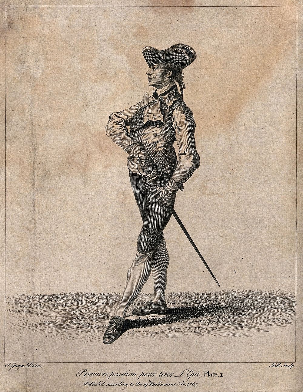 Fencing: a man is standing in position with his hand on the sword at his side. Engraving by Hall after J. Gwyn.