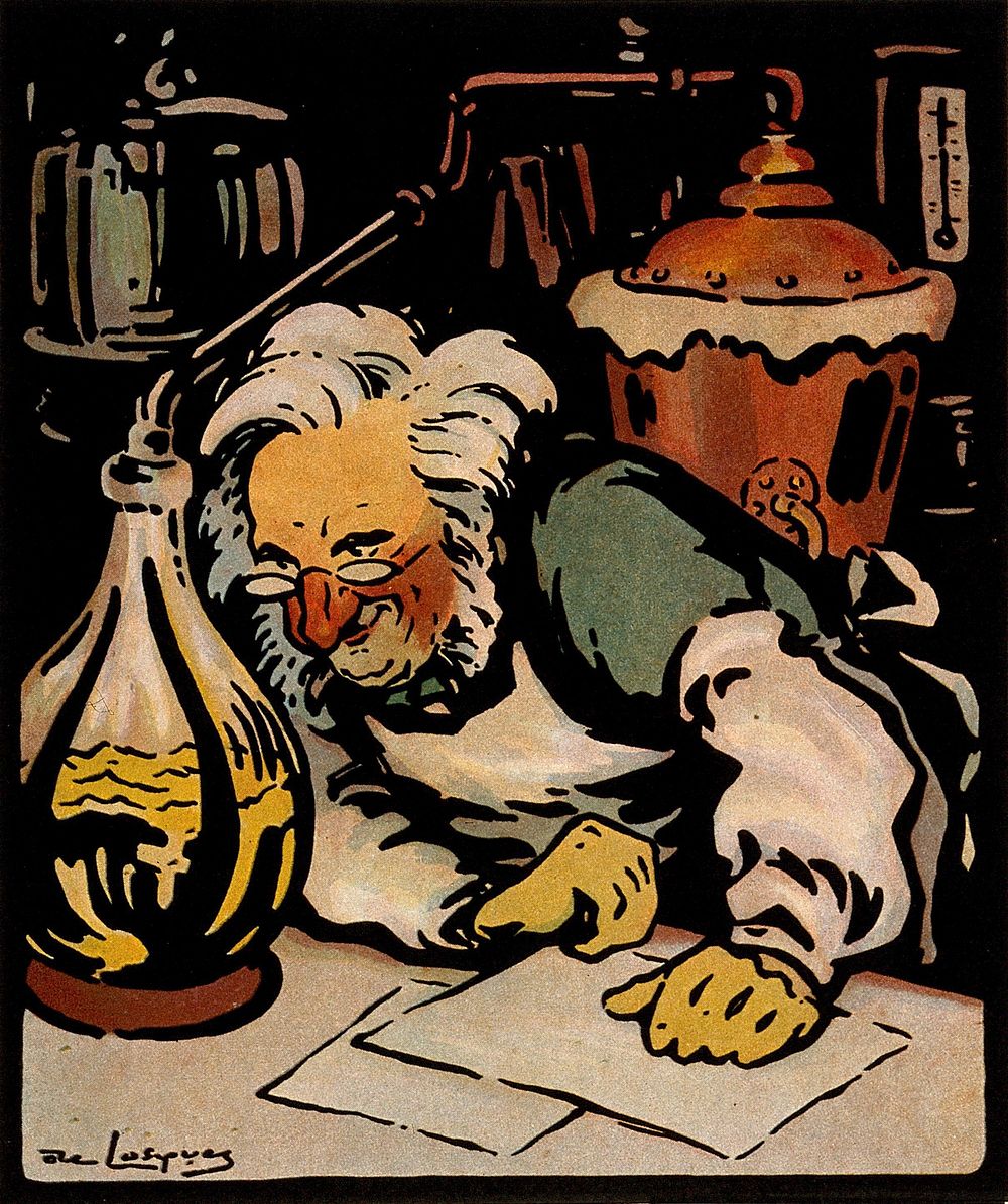Alfred Baring Garrod discovers the role of uric acid in gout. Colour process print after D.T. de Losques, 1910.