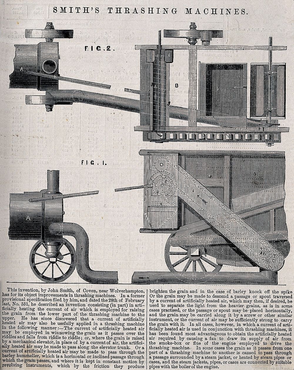 Farming: a patented steam-driven threshing machine. Wood engraving, 1862.