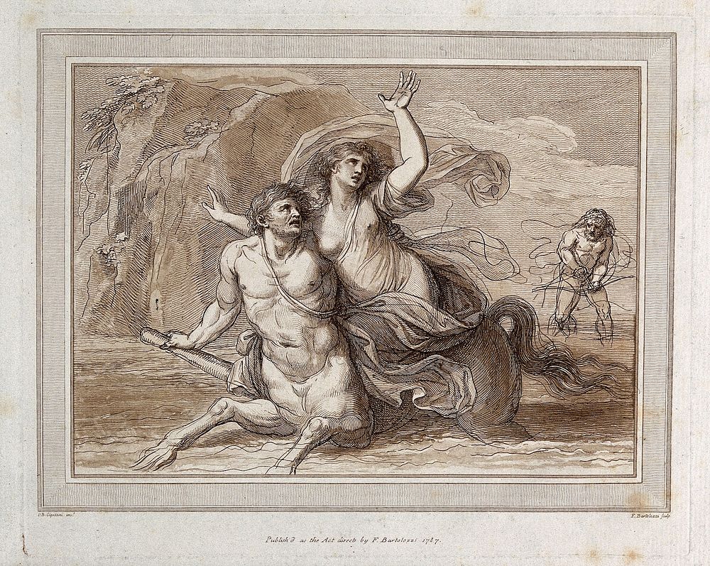 The centaur Nessus carrying off Deianeira. Etching with aquatint by F. Bartolozzi after G.B. Cipriani.