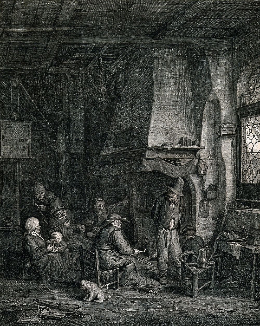 A family group in a hovel sitting around a fire with bread and meat on the table. Engraving by Cornelis de Visscher after A.…