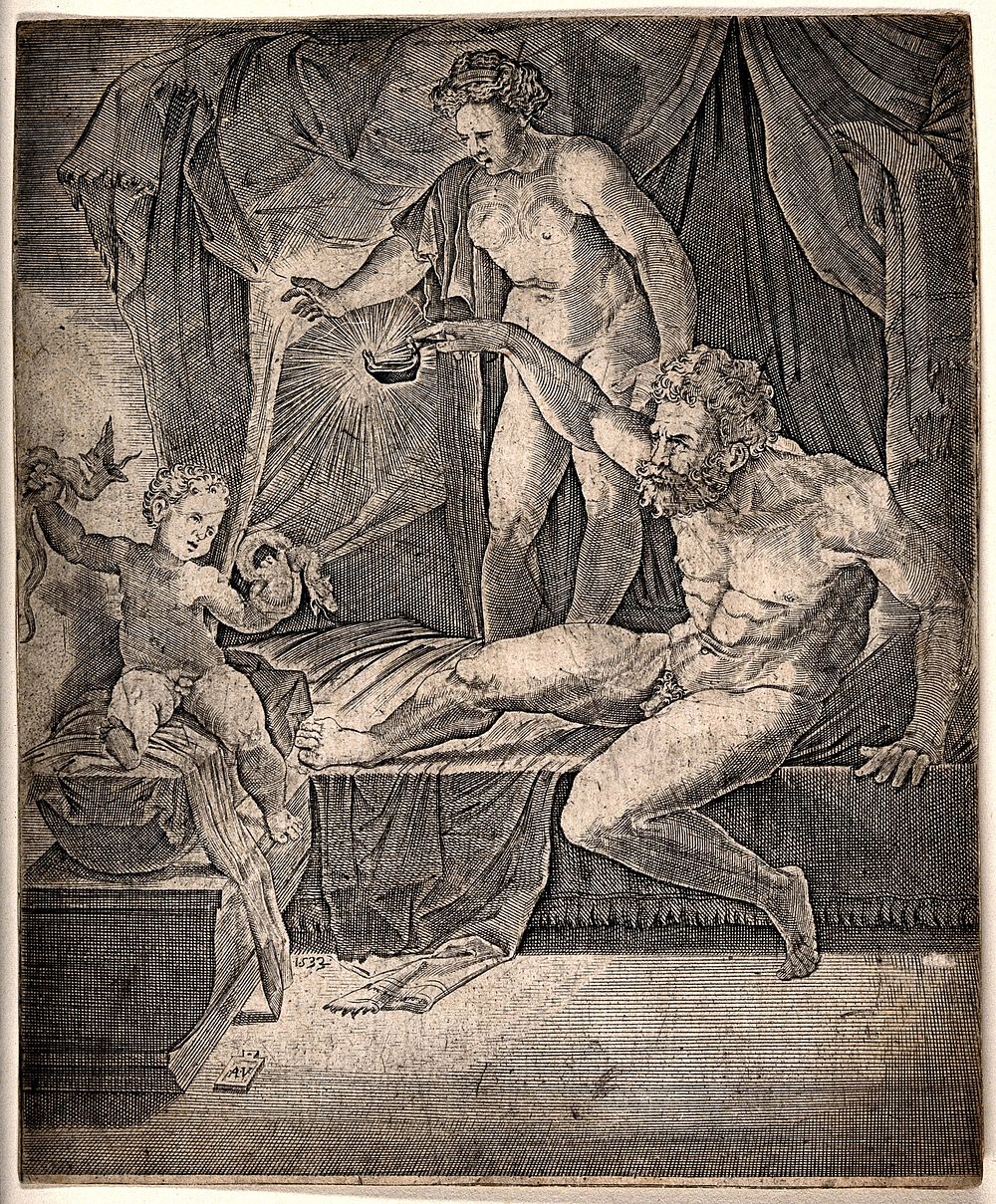 The infant Hercules strangling snakes. Engraving by Agostino Veneziano, 1533, after Giulio Romano.