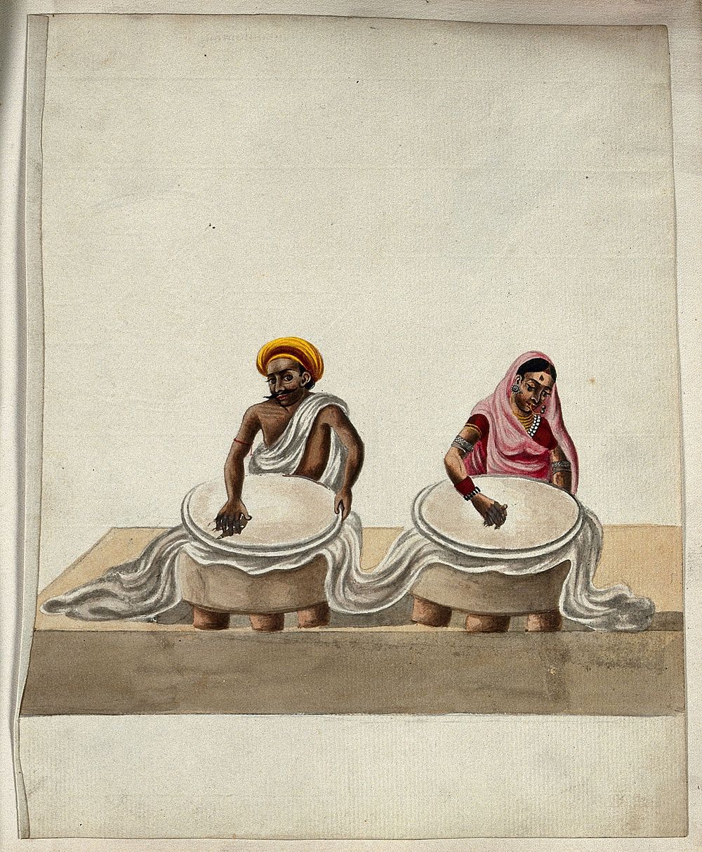 A man and a woman rubbing a piece of batik cloth . Gouache painting by an Indian artist.