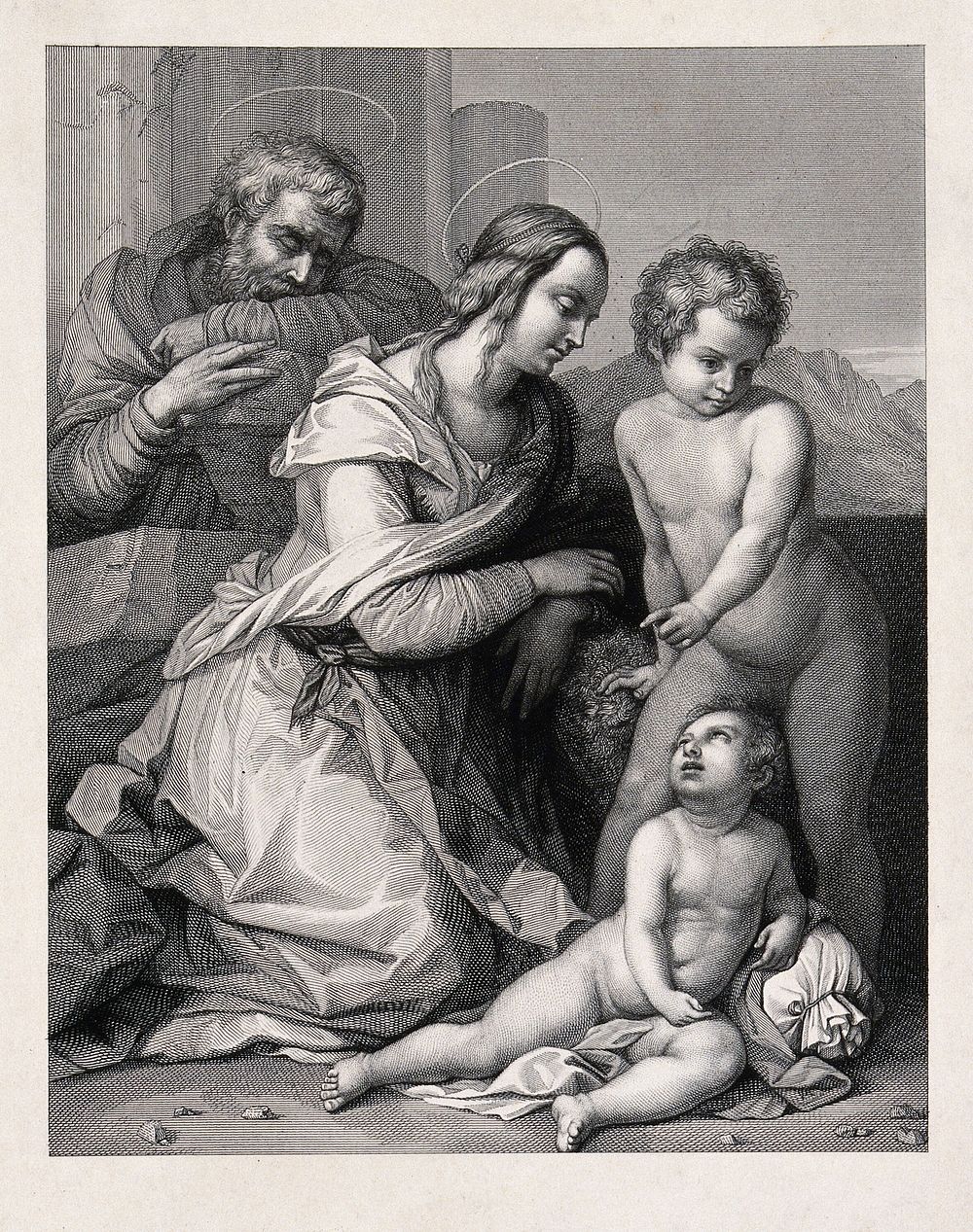 Saint Mary (the Blessed Virgin) and Saint Joseph with the Christ Child and Saint John the Baptist. Engraving by L. Paradisi.