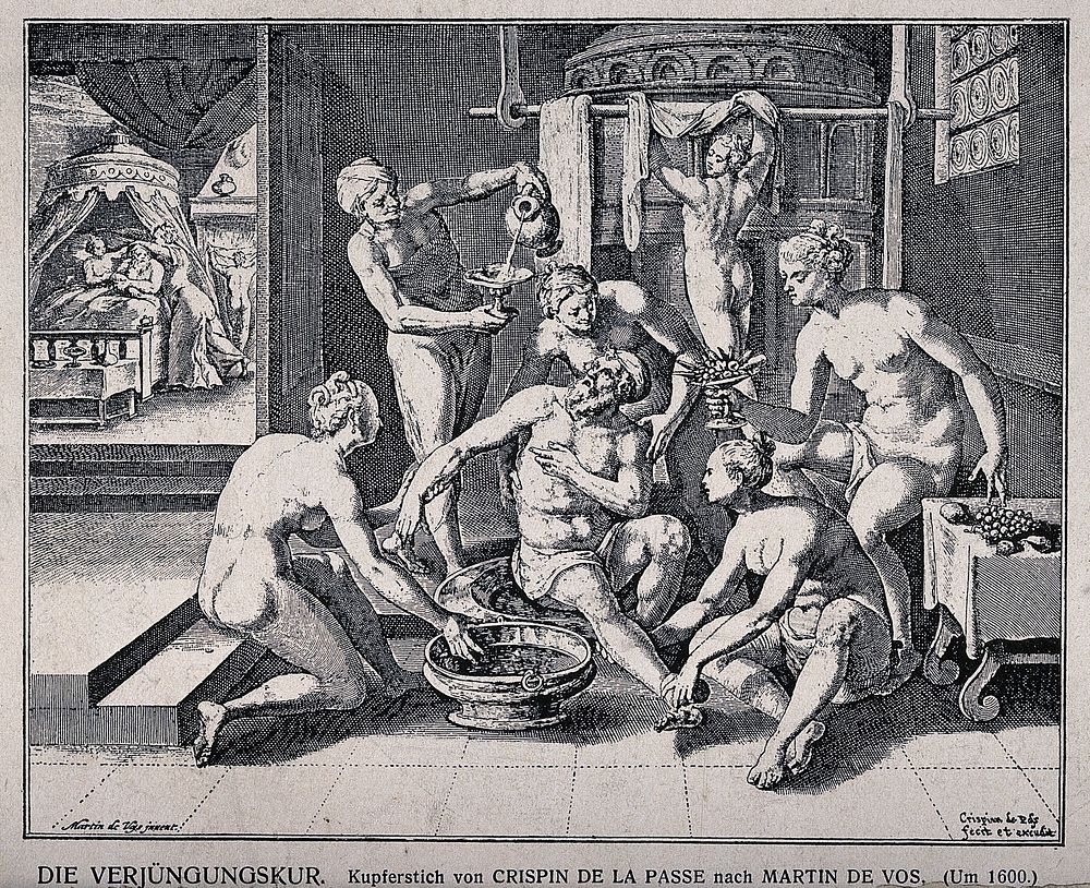 An old man (Sardanapalus) being bathed by young nude women - an attempt at rejuvenation. Process print after C. de la Passe…