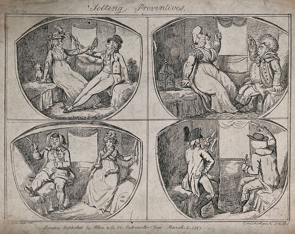 Men and women are sitting in coaches holding on to the straps. Etching by Cruikshank after Woodward.