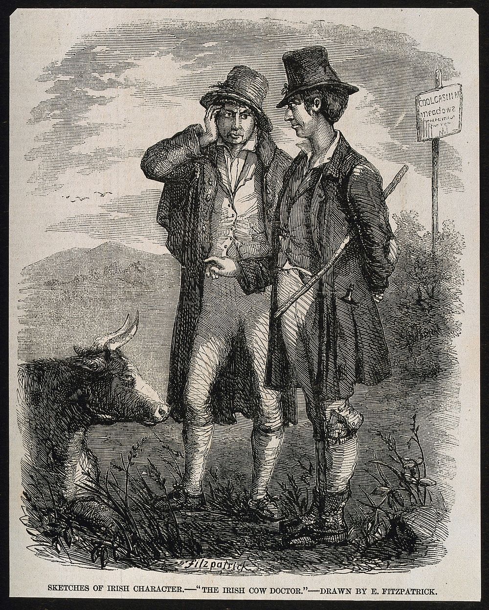 An Irish cow doctor points to a kneeling cow, observed by its concerned owner. Wood engraving by E. Fitzpatrick, 1850/1870.