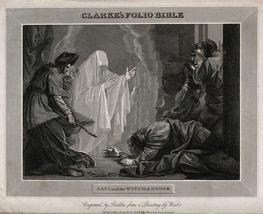 The witch of Endor conjures up the ghost of Samuel at the request of Saul, who lies petrified on the ground. Engraving by W.…