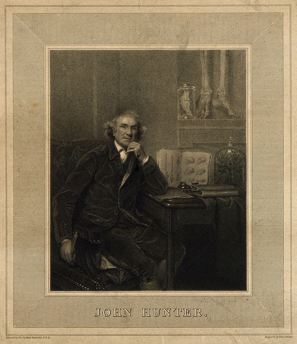 John Hunter. Stipple engraving by J. Shury, 1829, after Sir J. Reynolds, 1786.