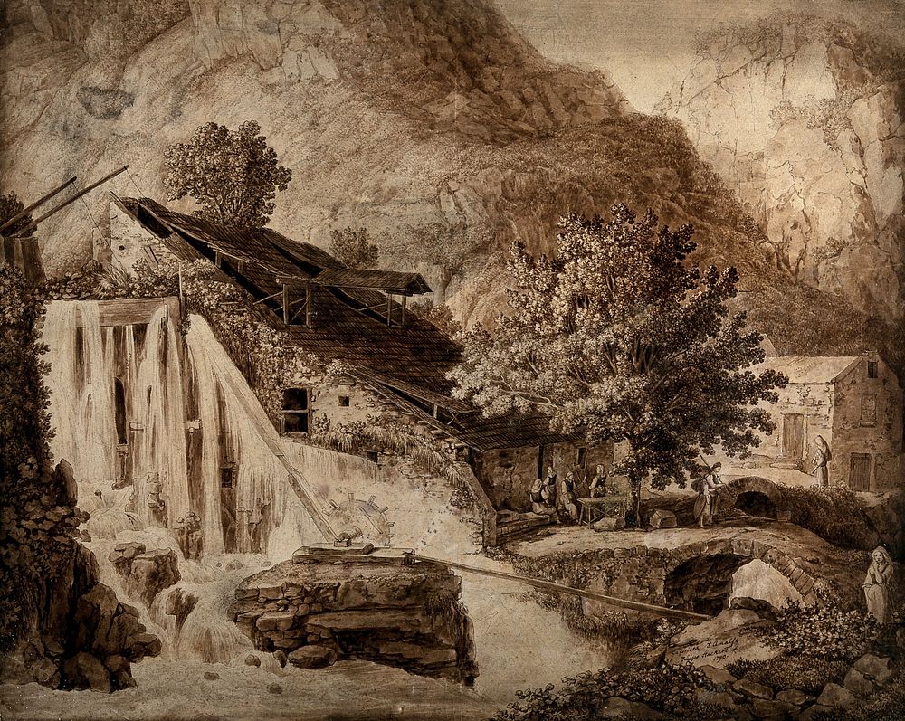 A waterfall in Amalfi, driving a wheel outside an iron-works or iron mine. Drawing by J.Ph. Hackert, 1790.