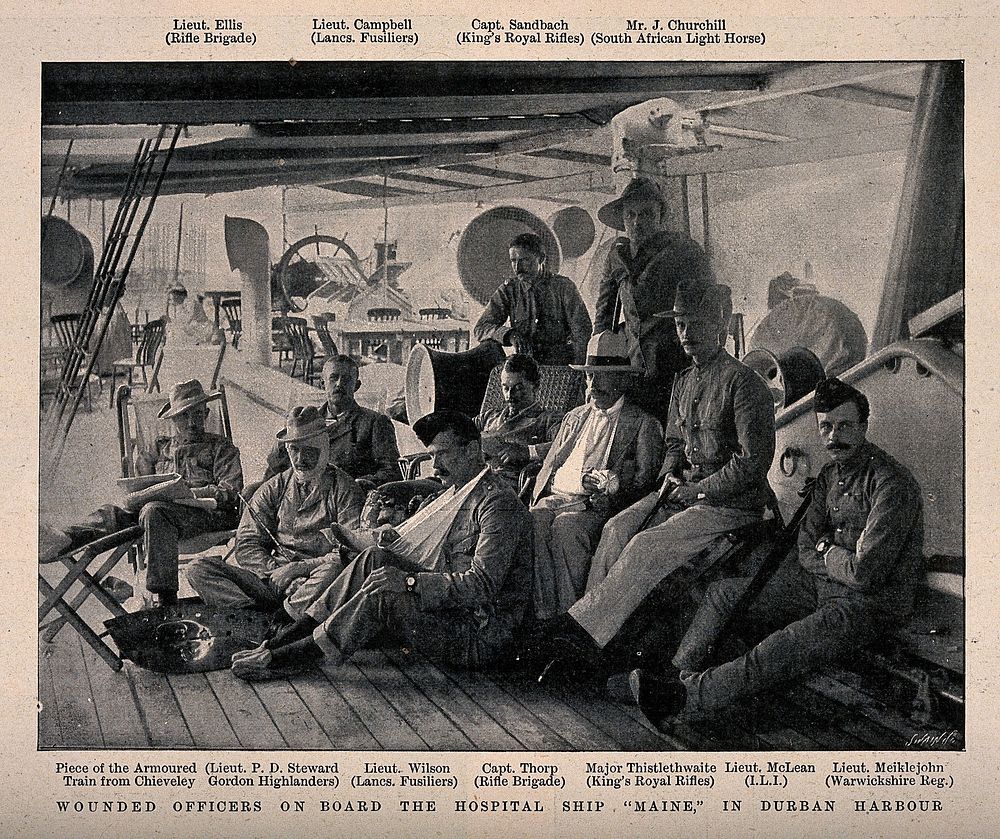 Boer War: wounded army officers on the deck of a hospital ship, and a piece from an armoured train. Halftone, c. 1900.