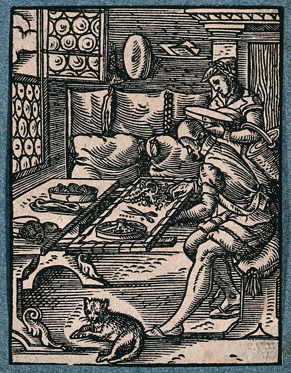 Brocade-makers embroidering a fabric with gold silk and precious stones. Woodcut by J. Amman.