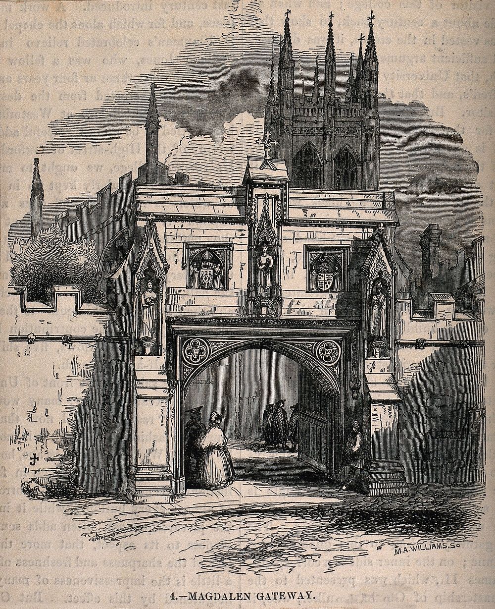 Magdalen College, Oxford: gateway. Wood engraving by M.A. Williams.