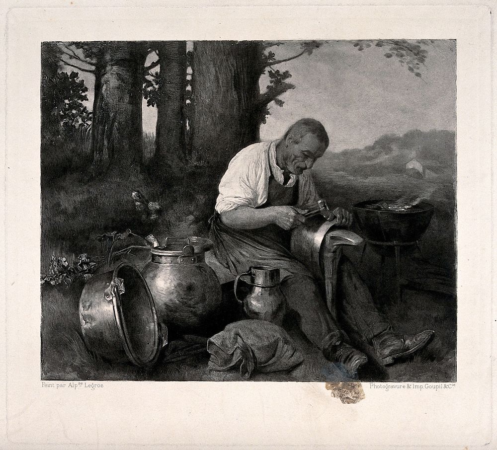 An old man sits beating metal into shape to make cauldrons and other cooking pots. Photogravure by Goupil & C.ie after…
