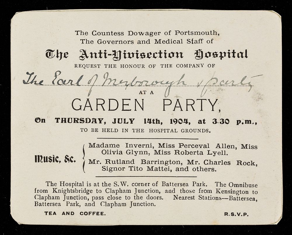 The countess dowager of Portsmouth, the governors and medical staff of the Anti-Vivisection Hospital request the honour of…