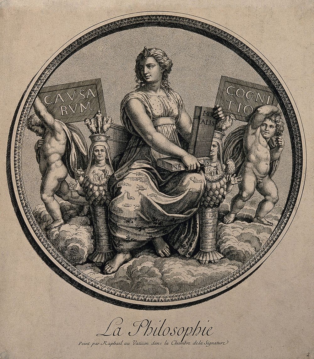 A woman representing philosophy. Etching by B. Audran the elder, c. 1700, after Raphael.