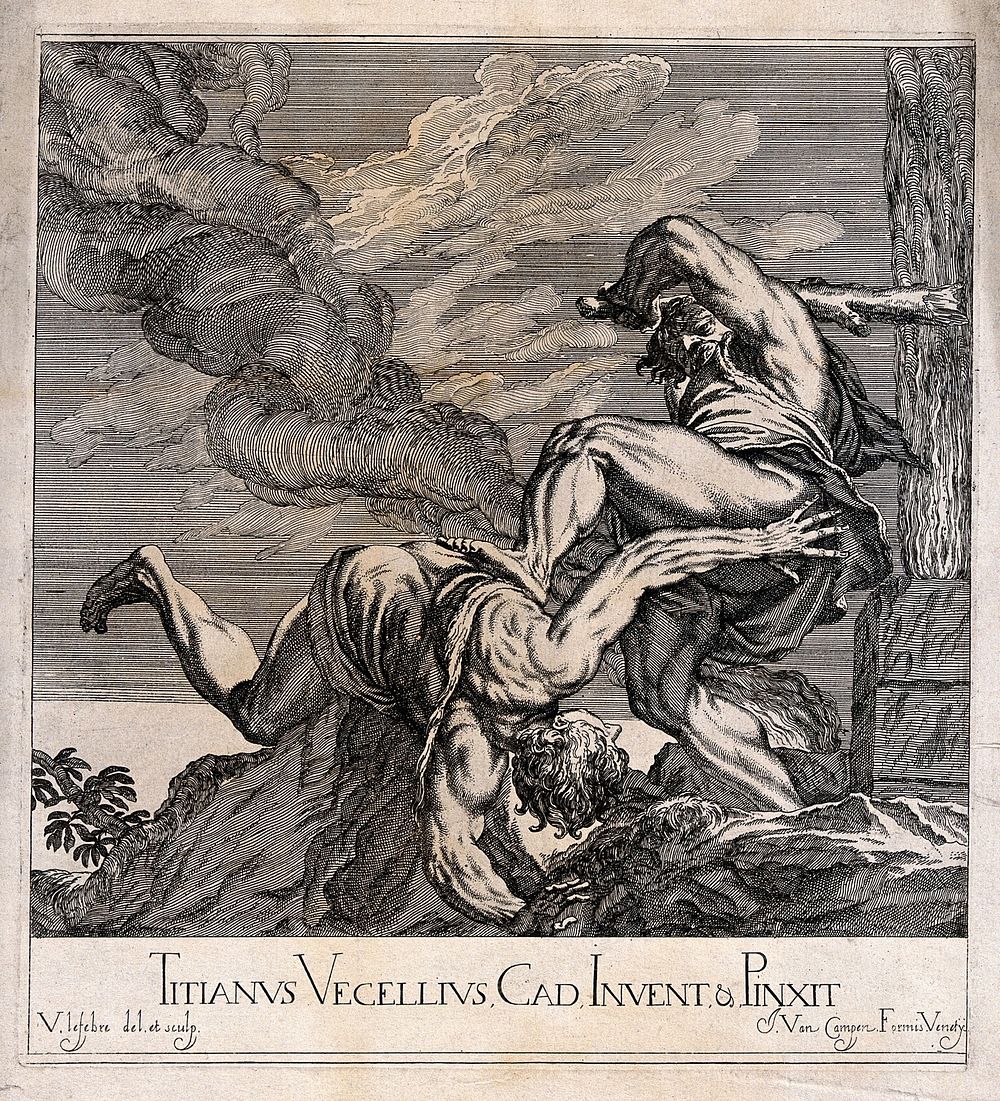 Cain slaying Abel. Etching by V. Lefebvre after Titian.
