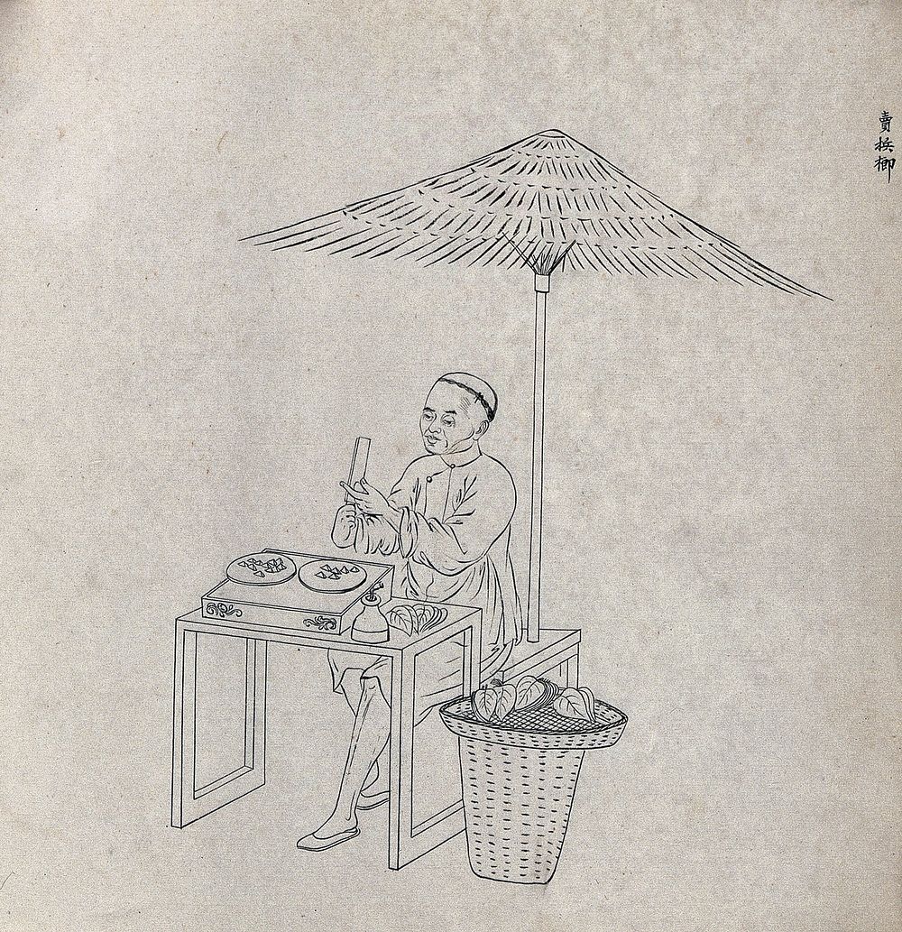 A Chinese street-trader cutting up a fruit or vegetable into segments. Ink drawing, 18--.