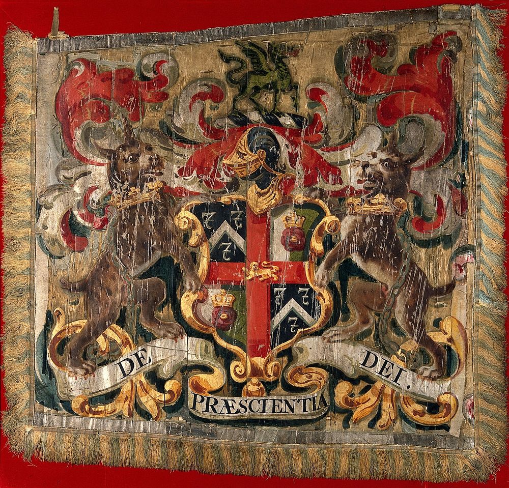 Barge-flag: achievement of arms of the Worshipful Company of Barber-Surgeons of London. Gouache on cloth.