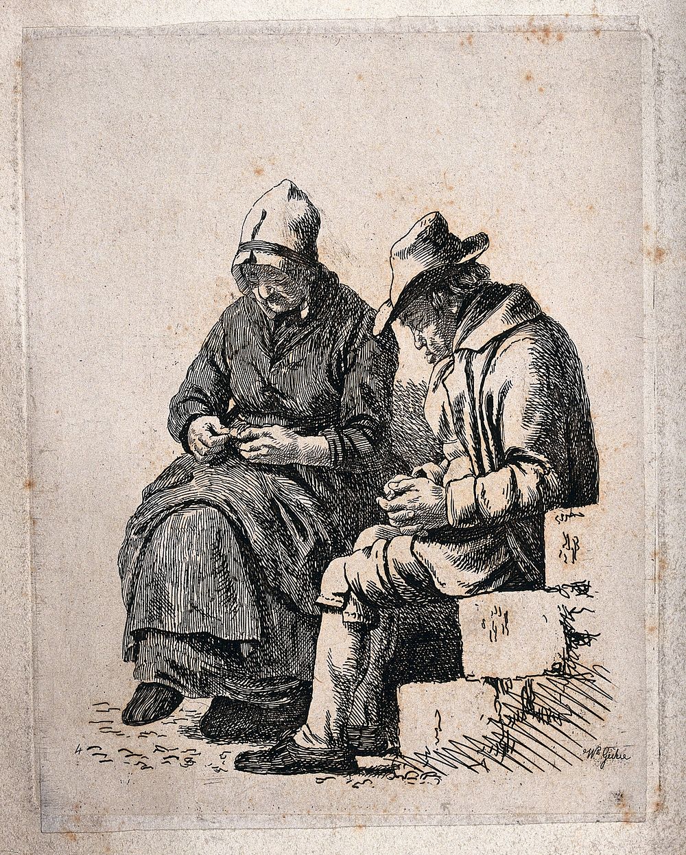 An old man sits asleep with his hands clasped while an old lady looks down at something she is holding in her hands. Etching…