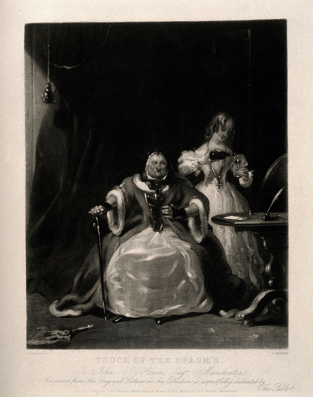 An old woman sits in a chair after one of her turns, while a younger woman pours her medication. Mezzotint by J. Bromley…