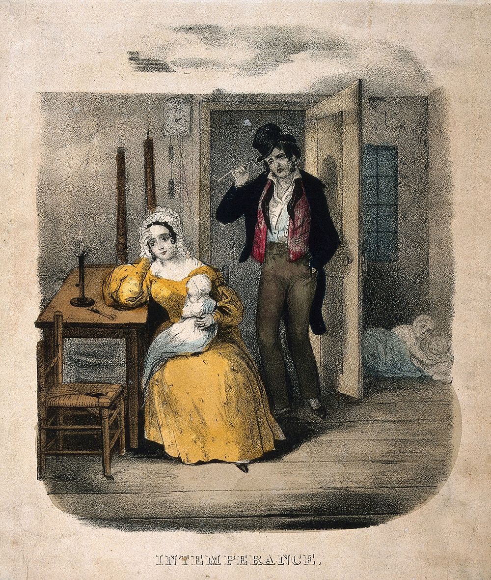 A drunken man returns home to his despairing wife and children. Coloured lithograph, c. 1840, after T. Wilson.