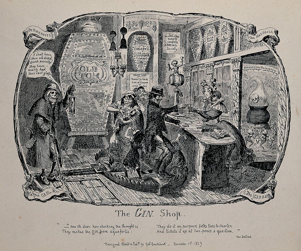 A gin shop: an elegant young woman is selling gin to a group of paupers who are standing in a mantrap; the walls decorated…