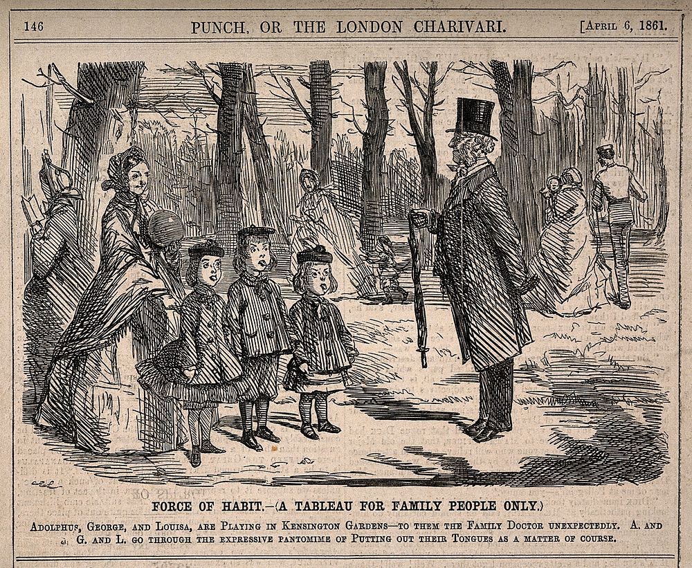 Three children automatically putting out their tongues for inspection upon meeting the family doctor in Kensington Gardens.…