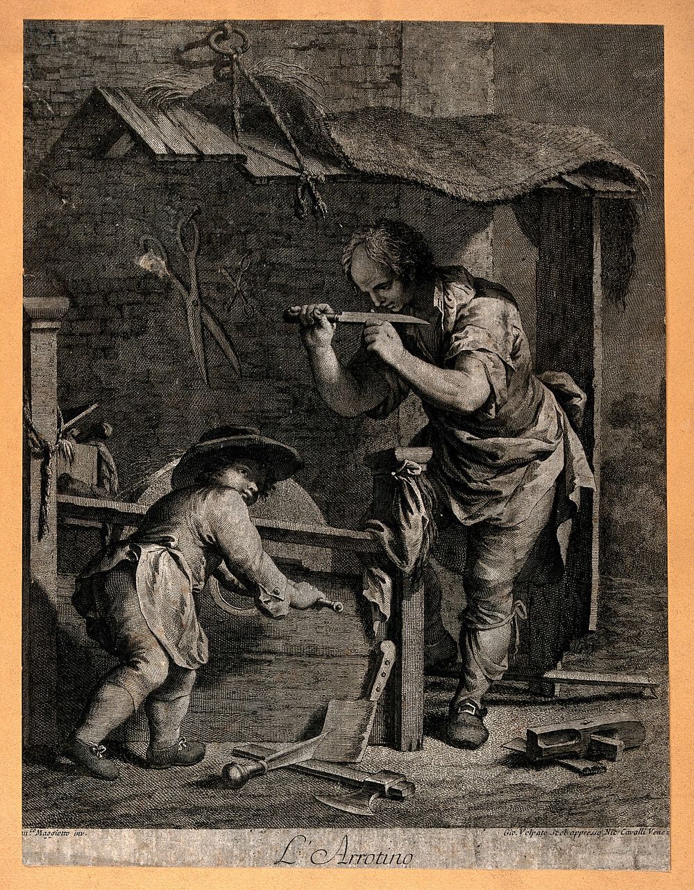 A man is testing the sharpness of a blade which he has been grinding on the wheel turned by the boy. Engraving by Gio.…