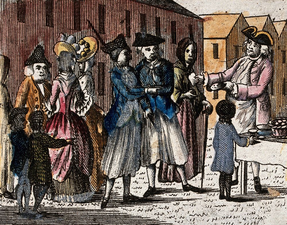 A biscuit seller is offering his wares to a crowd of people. Coloured engraving.