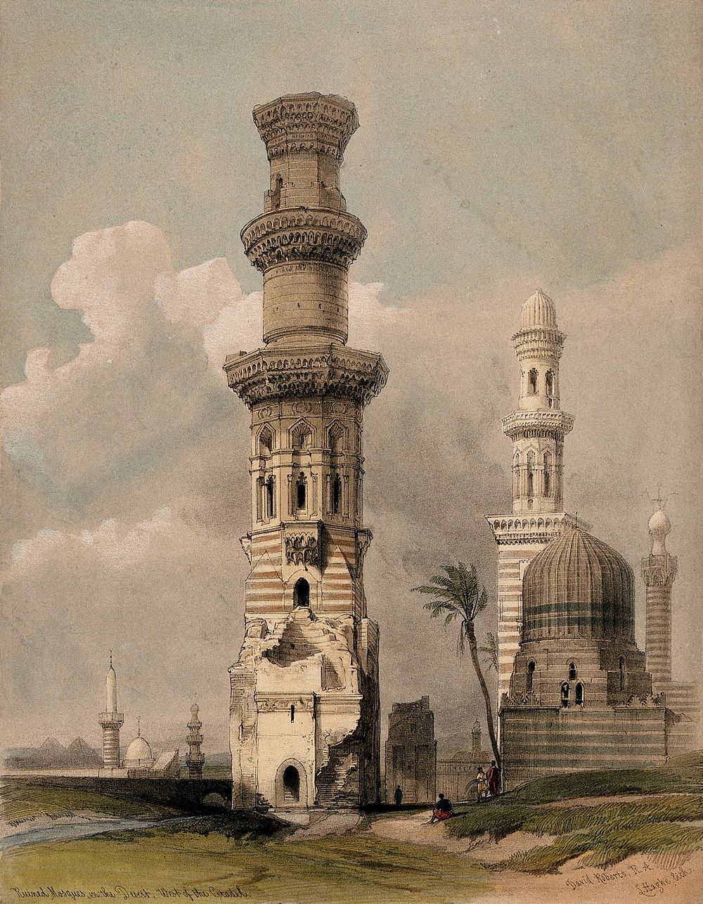 Ruined mosques to the west of Cairo, Egypt. Coloured lithograph by Louis Haghe after David Roberts, 1848.