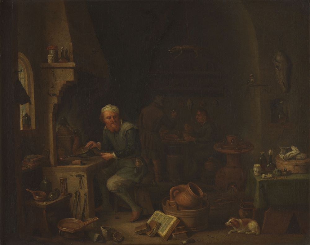 An alchemist seated at a furnace, turning away in thought. Oil painting by or after David Teniers II .