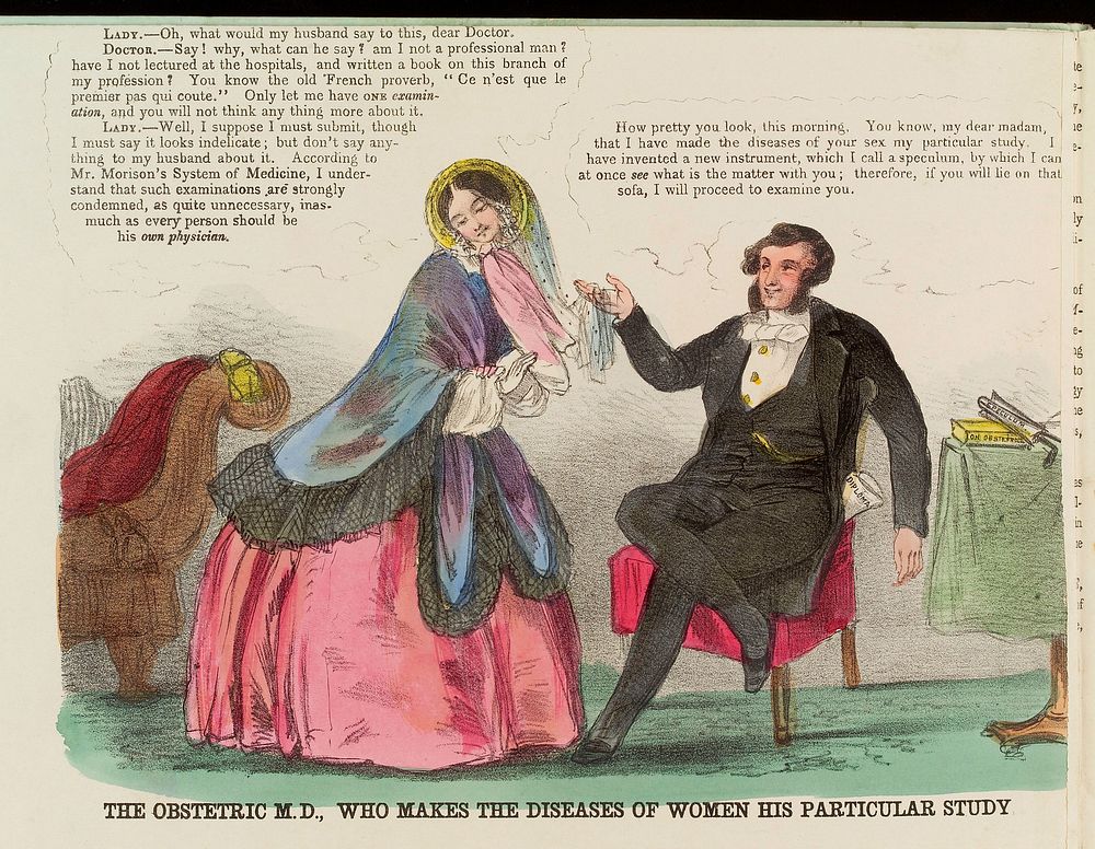A gynaecological physician seducing a patient. Colour lithograph, 1852.
