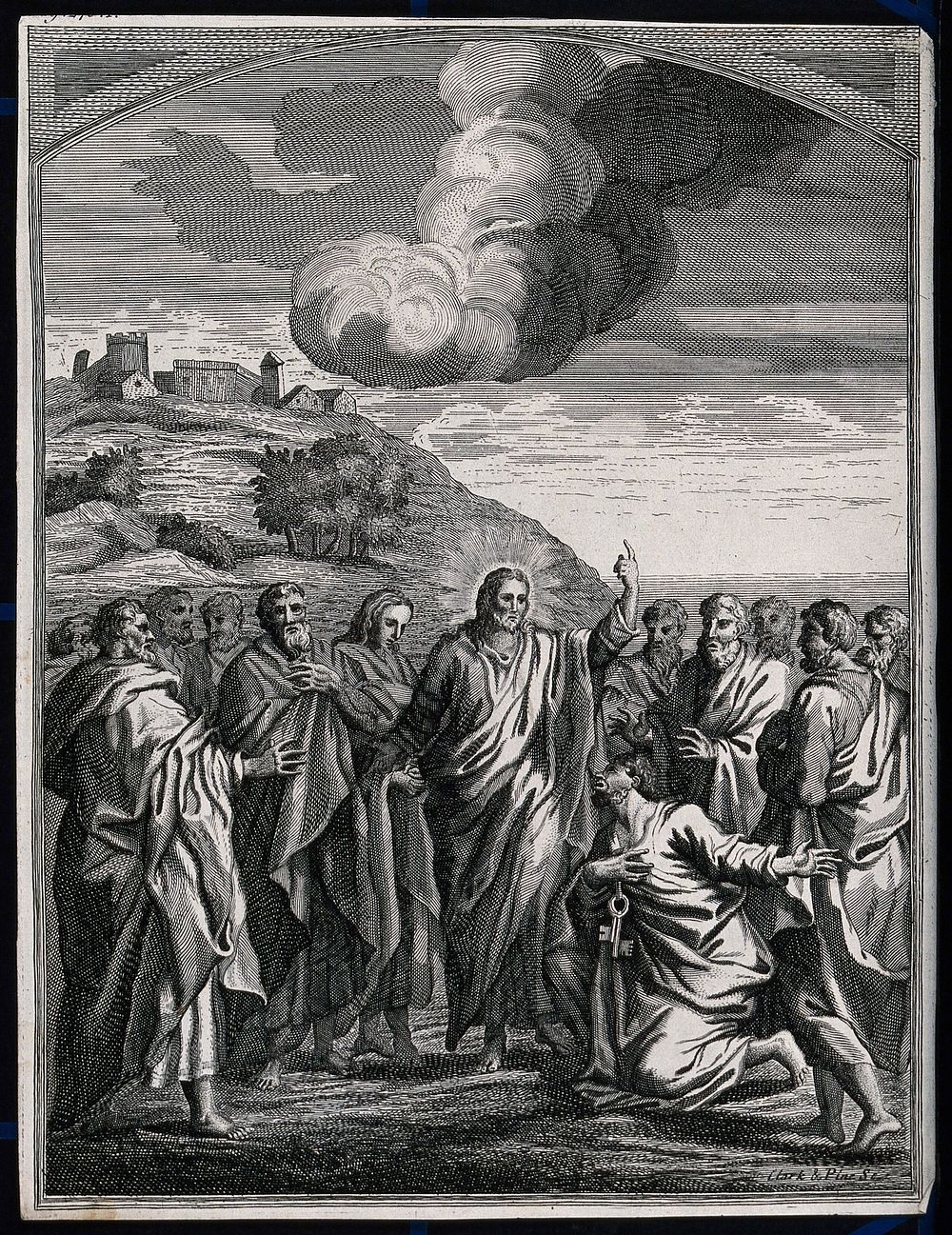 Jesus appoints Peter as head of the church. Engraving by Clark and Pine, ca. 1719.