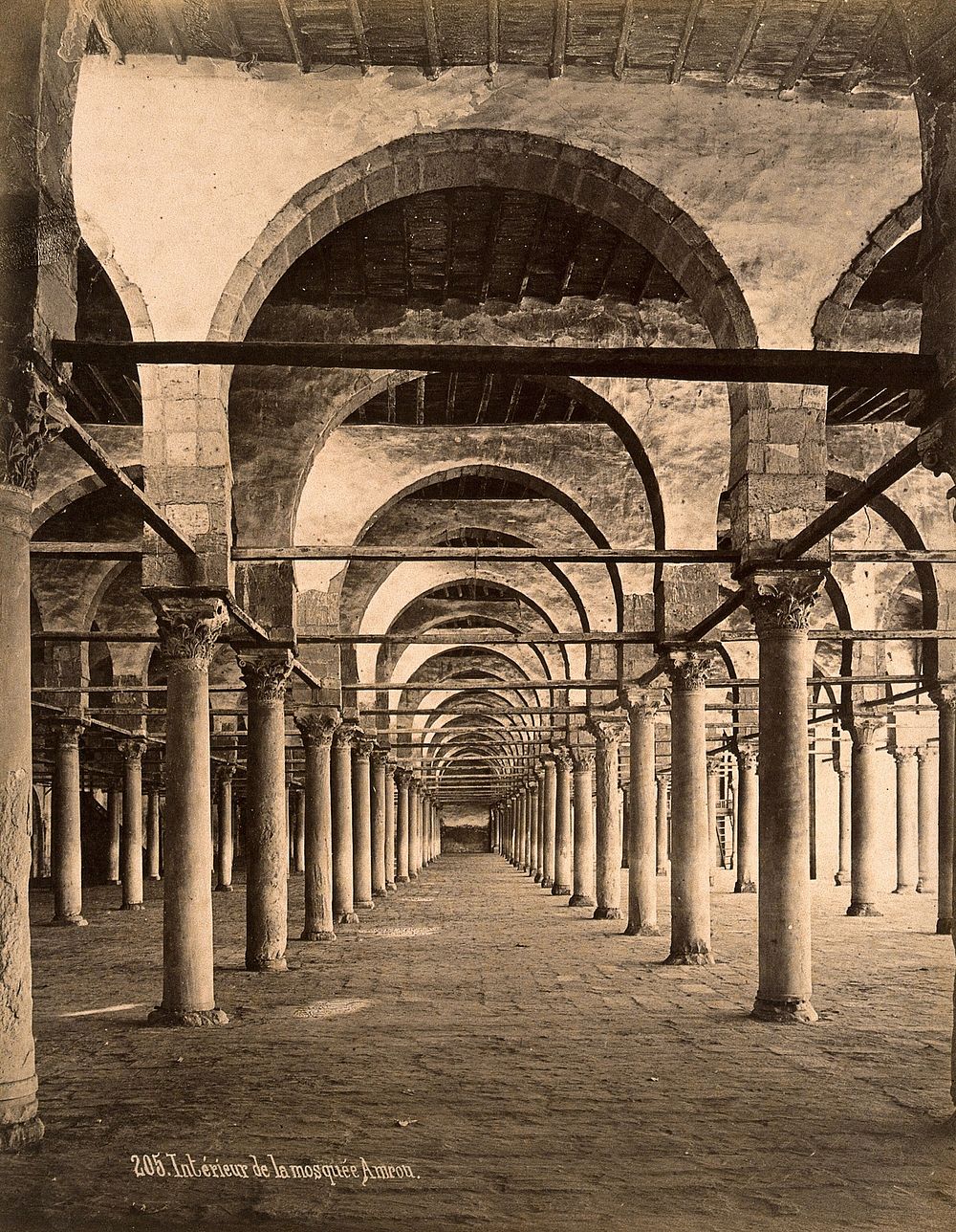 Mosque of Amr Ibn El-Aas (Hambro Mosque), Egypt: interior colonnade. Photograph by Jean Sébah, ca. 1890.